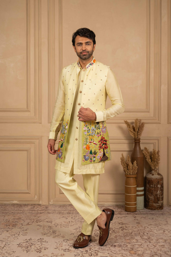 ombre thread embroidered long jakcet-kurta set