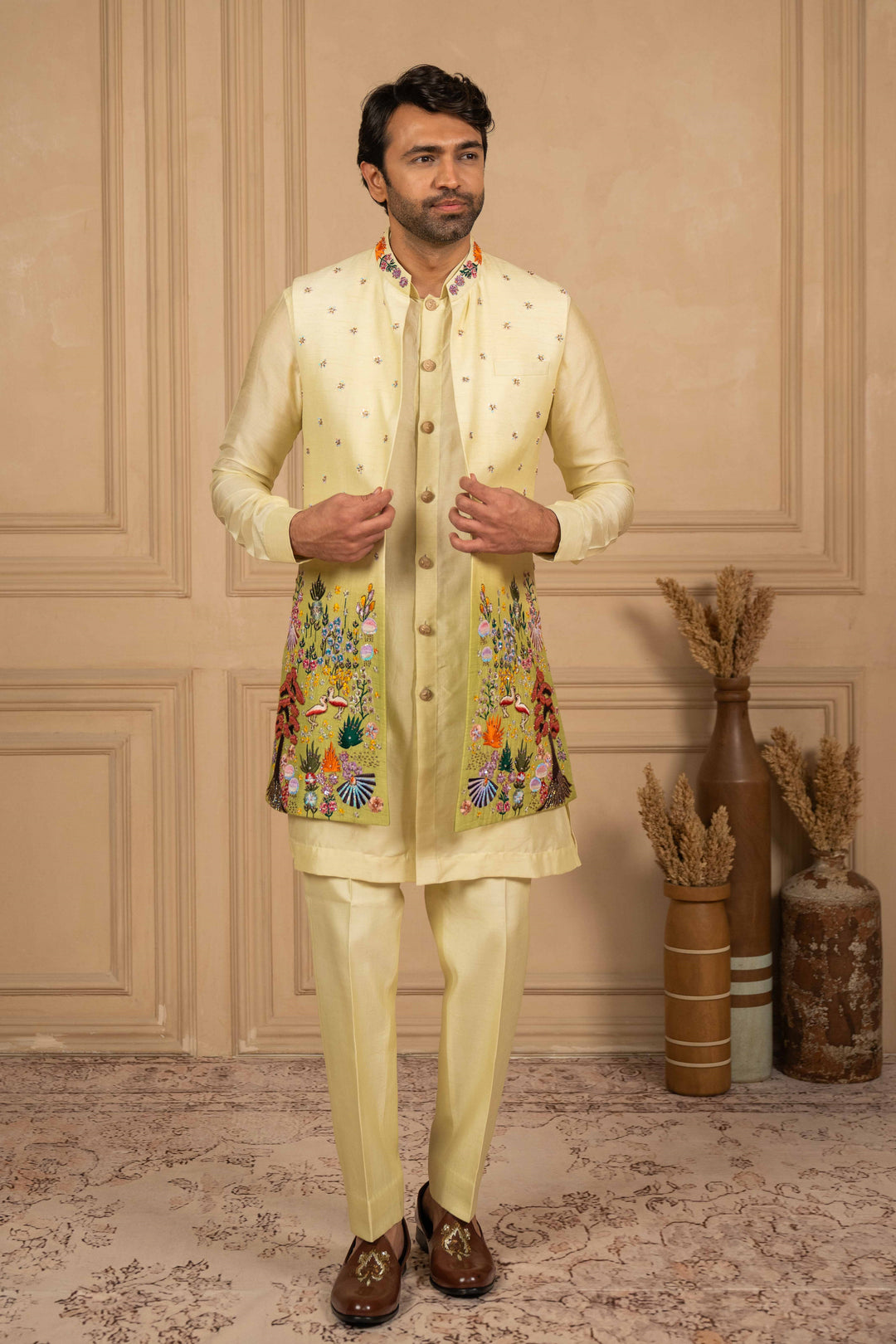 ombre thread embroidered long jakcet-kurta set