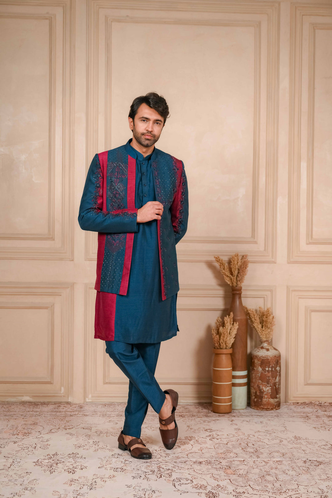 oxford blue and red jodhpuri set