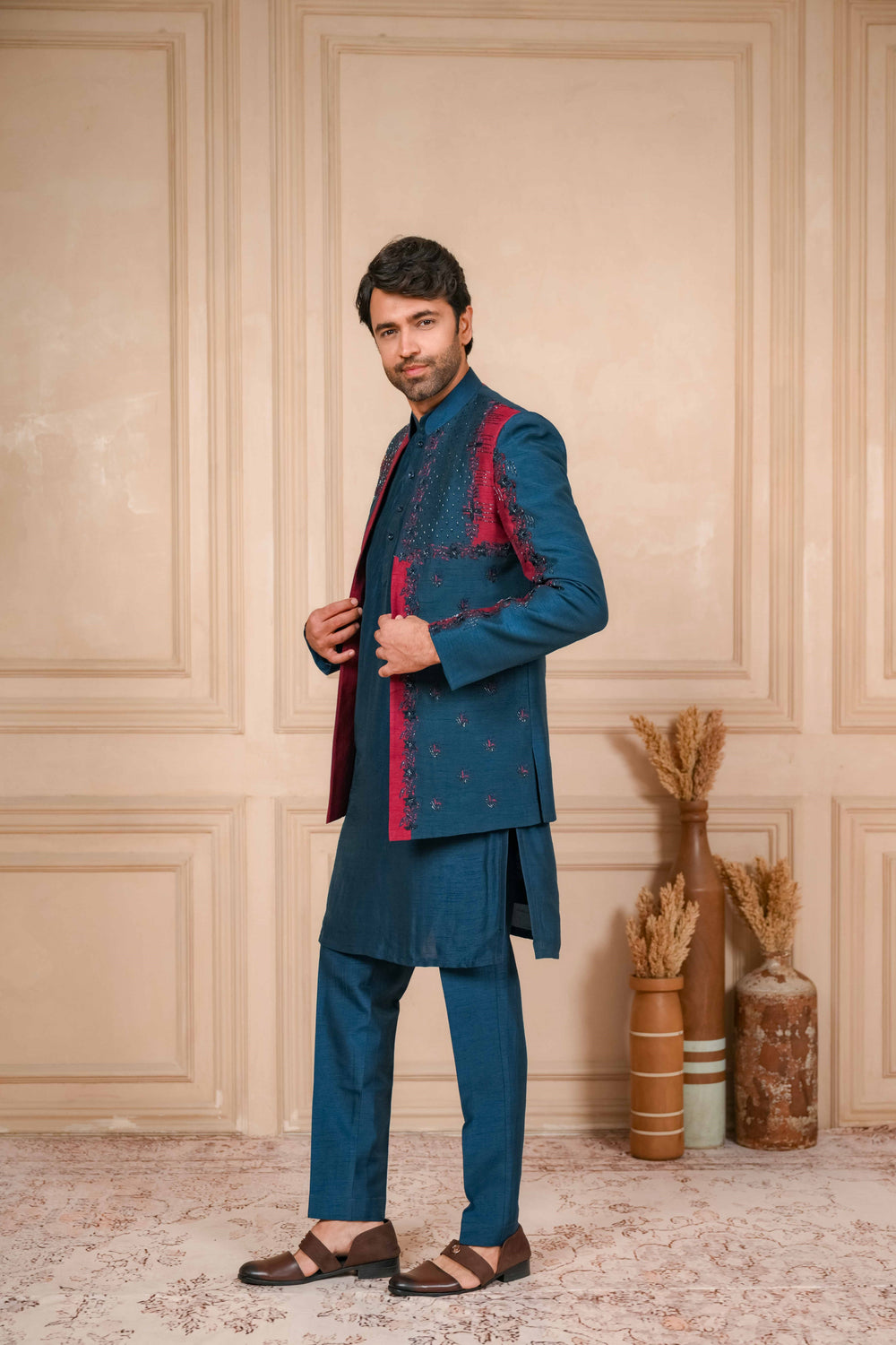 oxford blue and red jodhpuri set