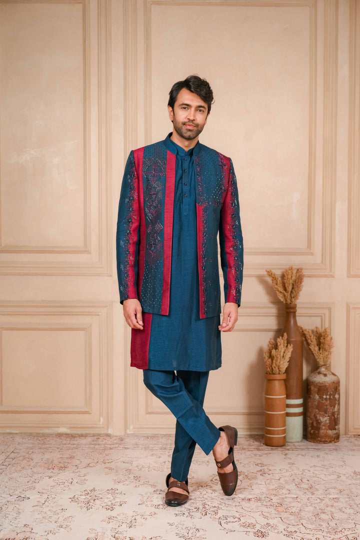 oxford blue and red jodhpuri set