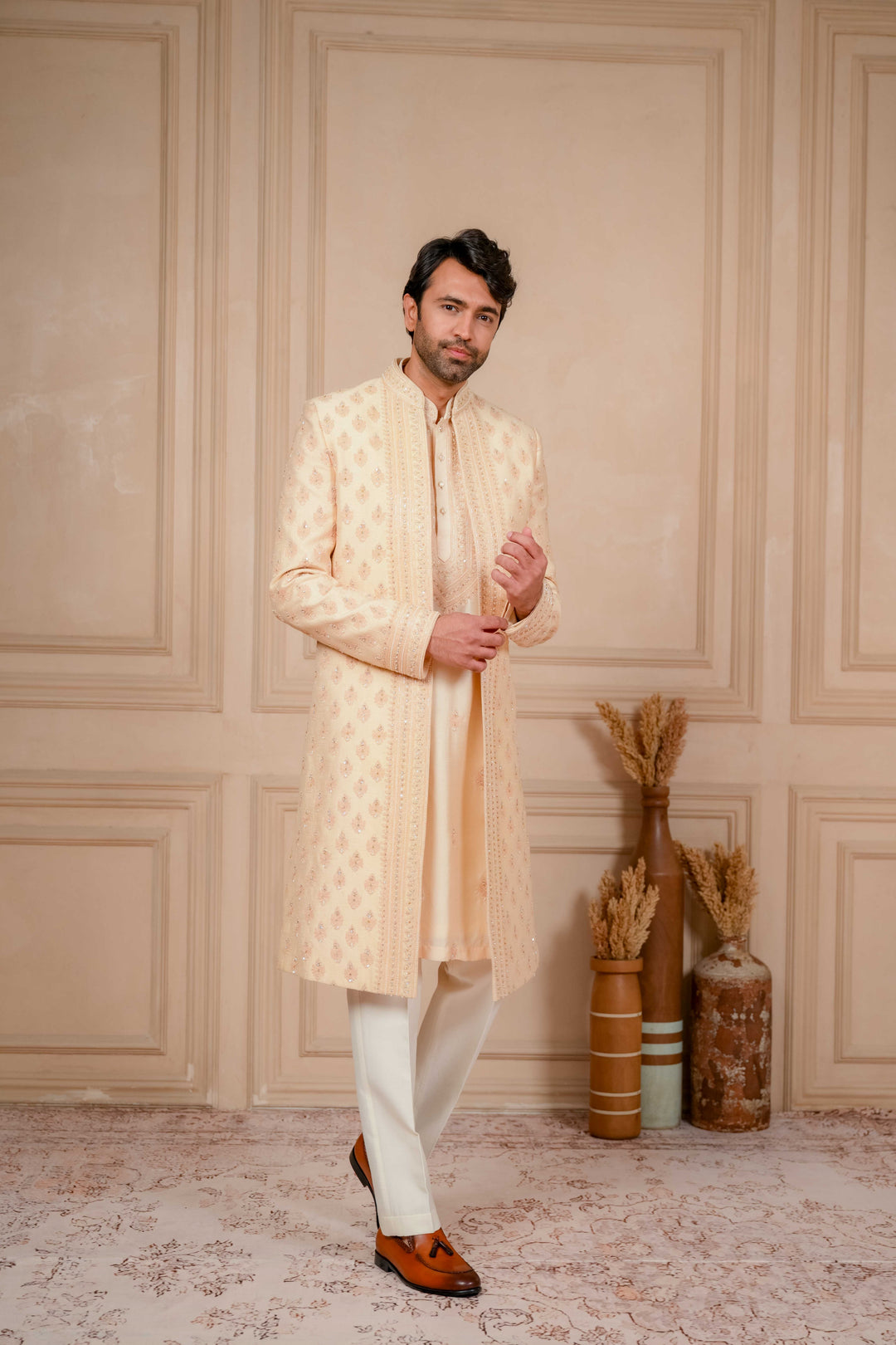 peach mousse embroidered indo-western and kurta set – Image 9