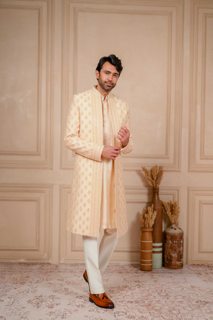 peach mousse embroidered indo-western and kurta set