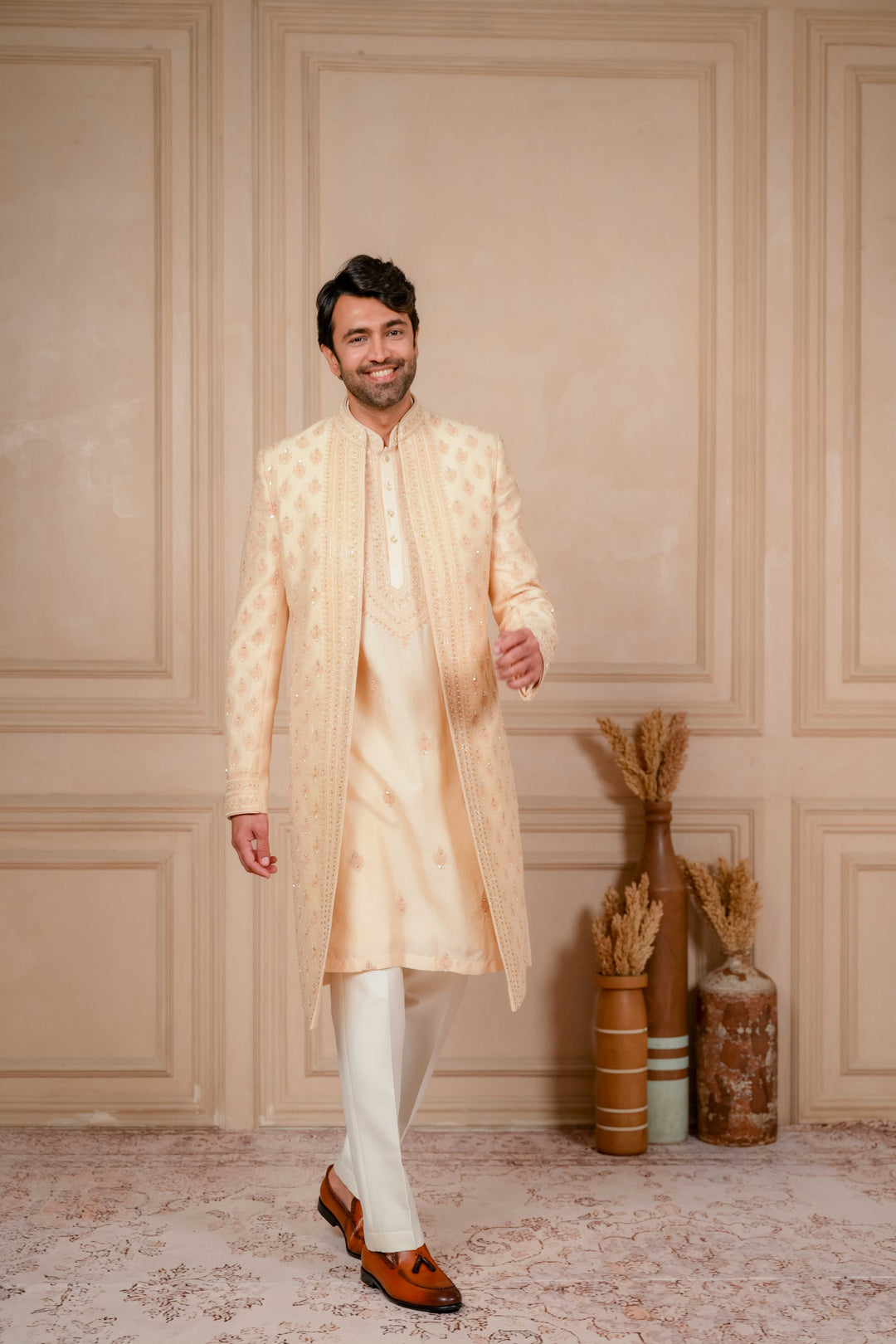 peach mousse embroidered indo-western and kurta set – Image 3
