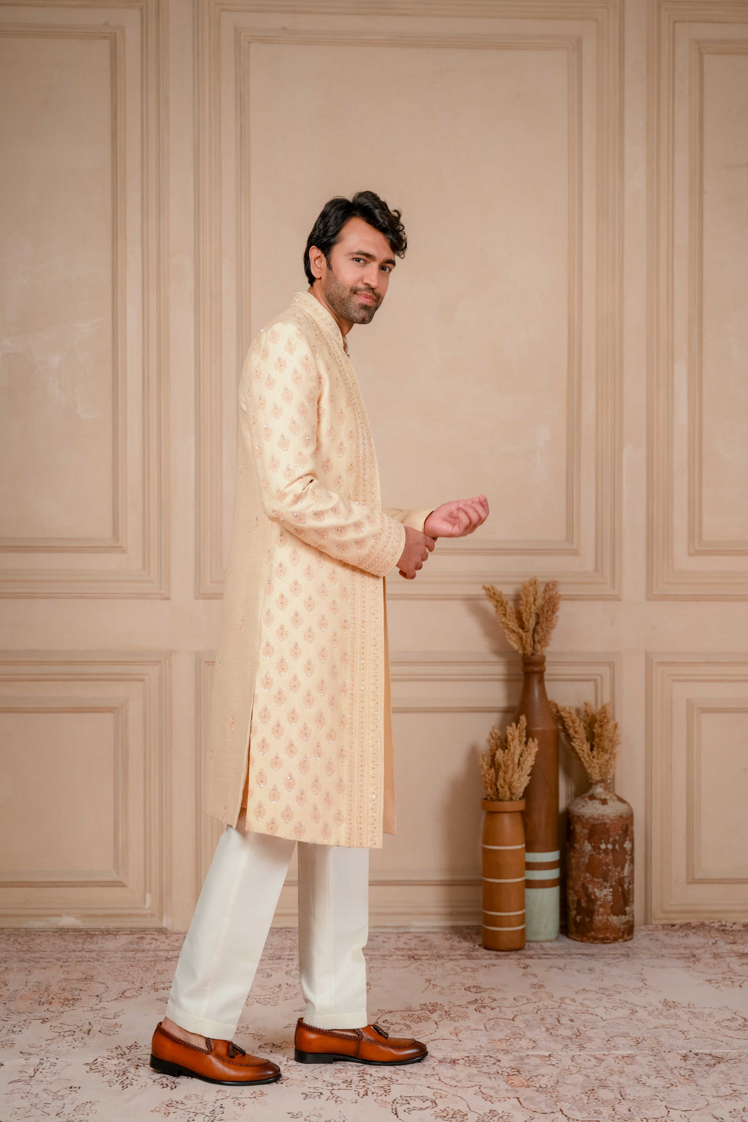 peach mousse embroidered indo-western and kurta set – Image 8