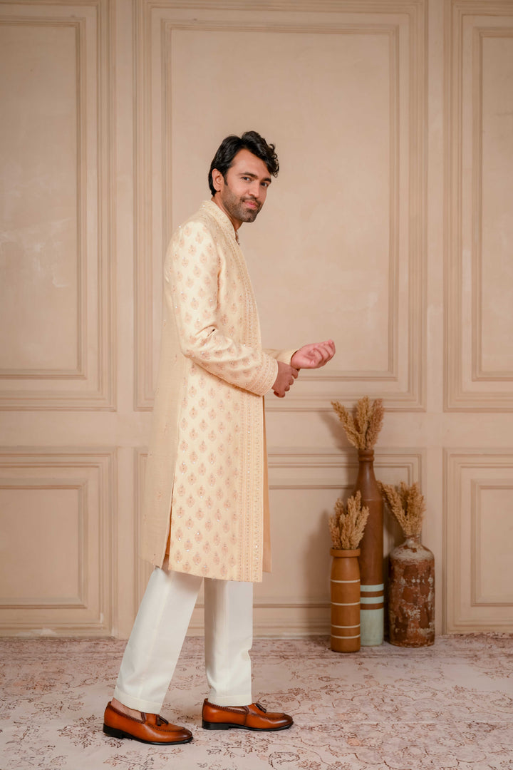 peach mousse embroidered indo-western and kurta set