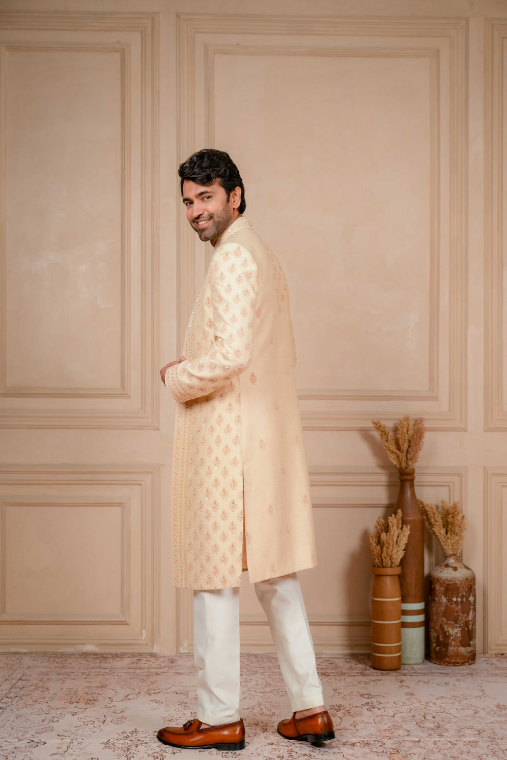 peach mousse embroidered indo-western and kurta set