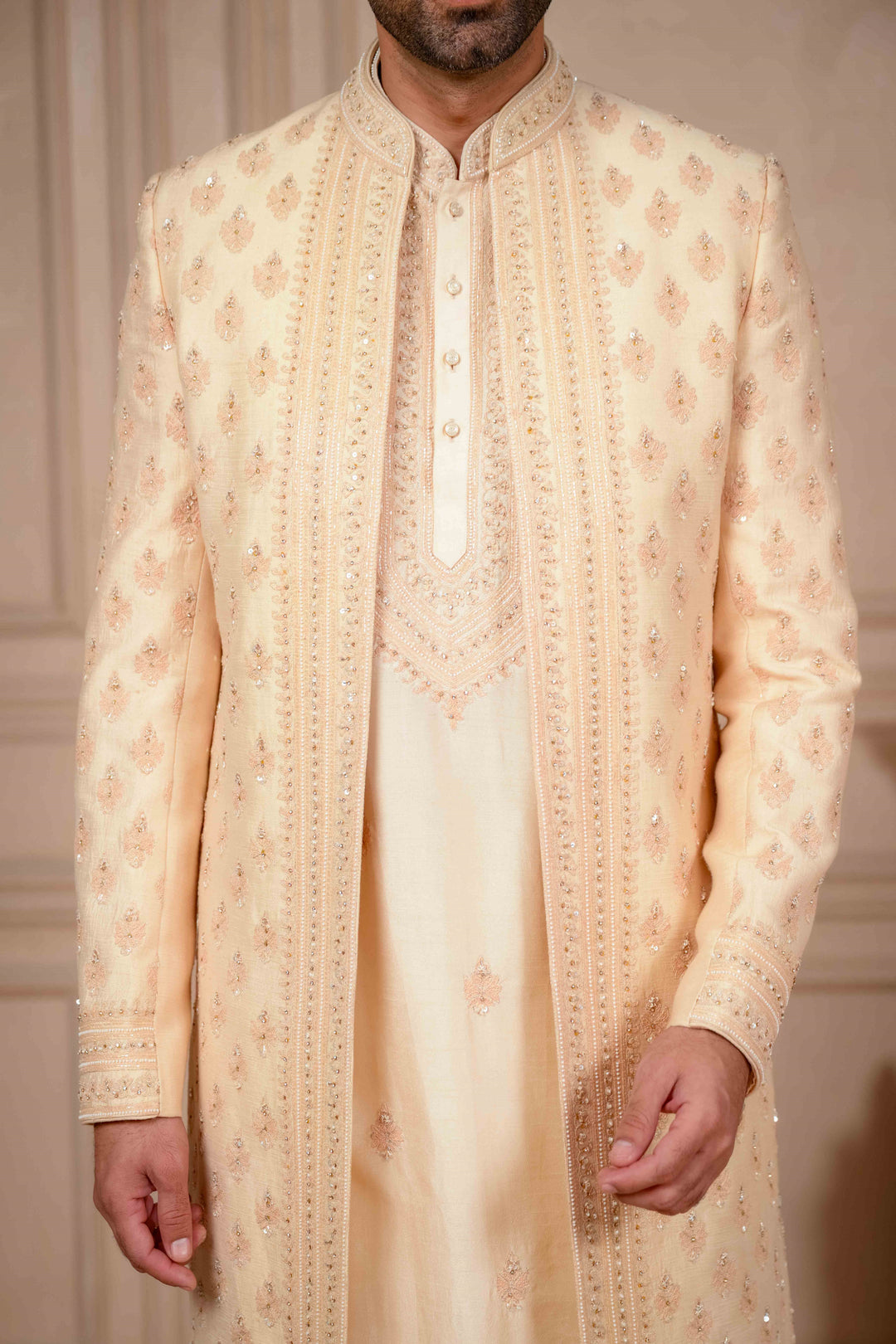 peach mousse embroidered indo-western and kurta set – Image 7