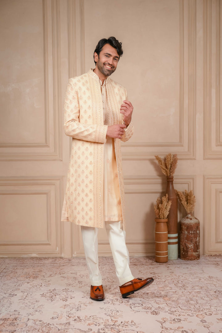 peach mousse embroidered indo-western and kurta set