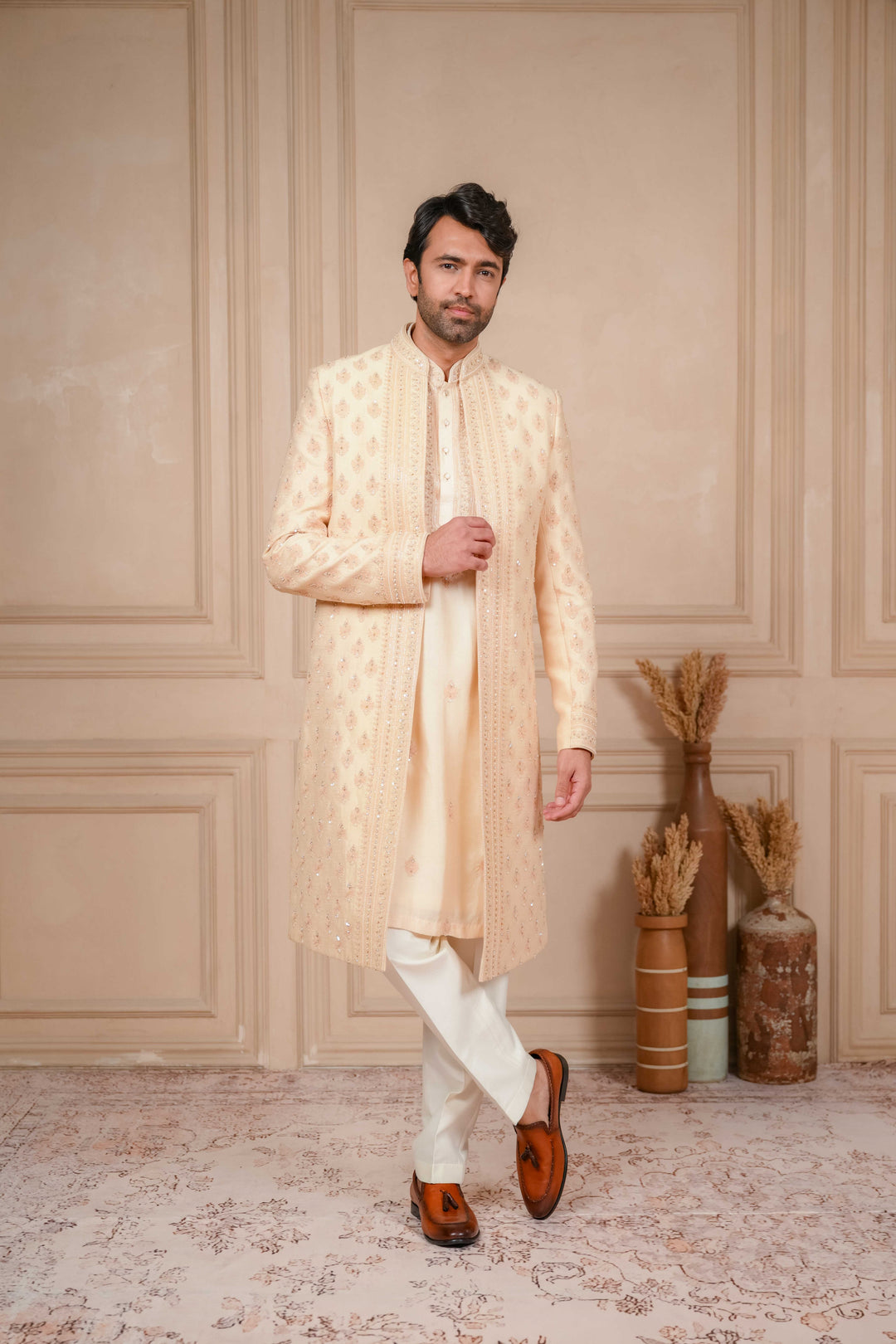 peach mousse embroidered indo-western and kurta set – Image 5