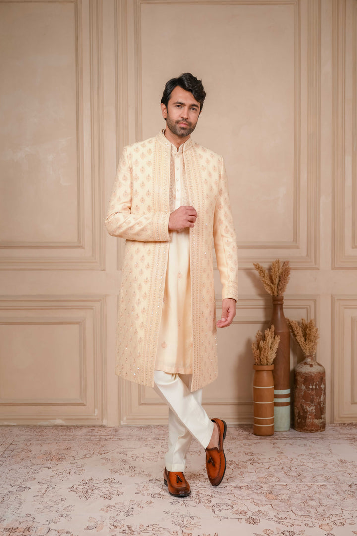 peach mousse embroidered indo-western and kurta set