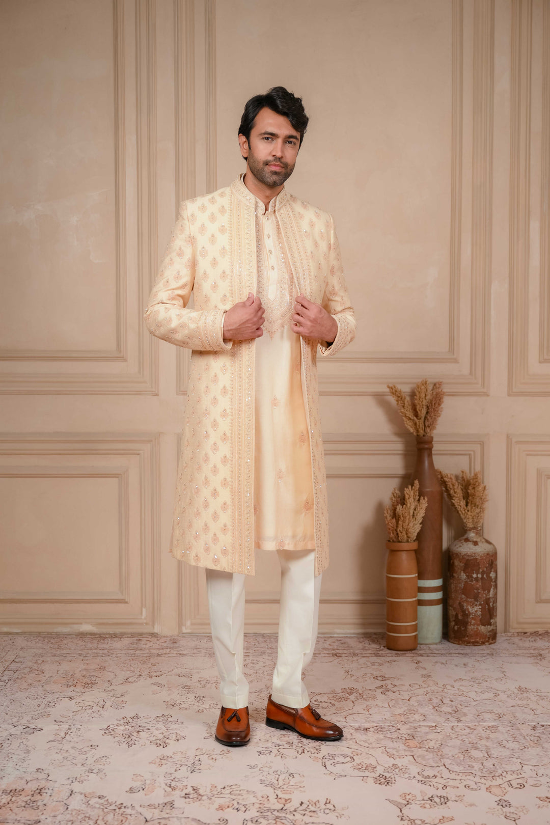 peach mousse embroidered indo-western and kurta set – Image 4