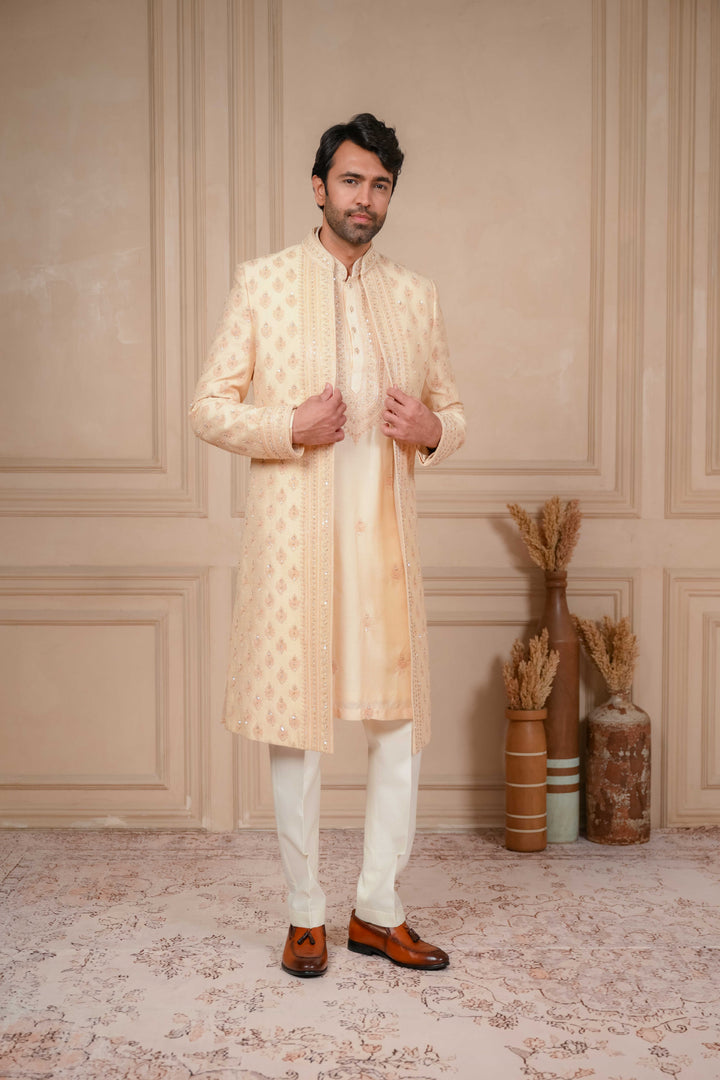 peach mousse embroidered indo-western and kurta set