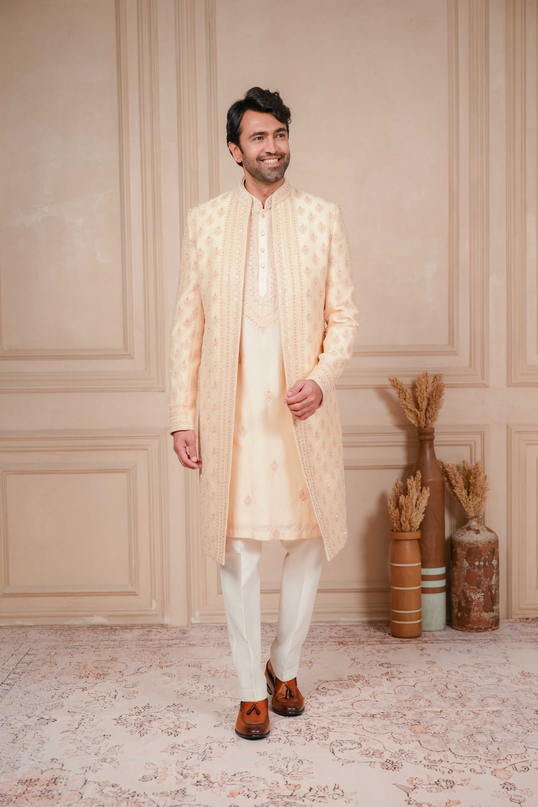 peach mousse embroidered indo-western and kurta set
