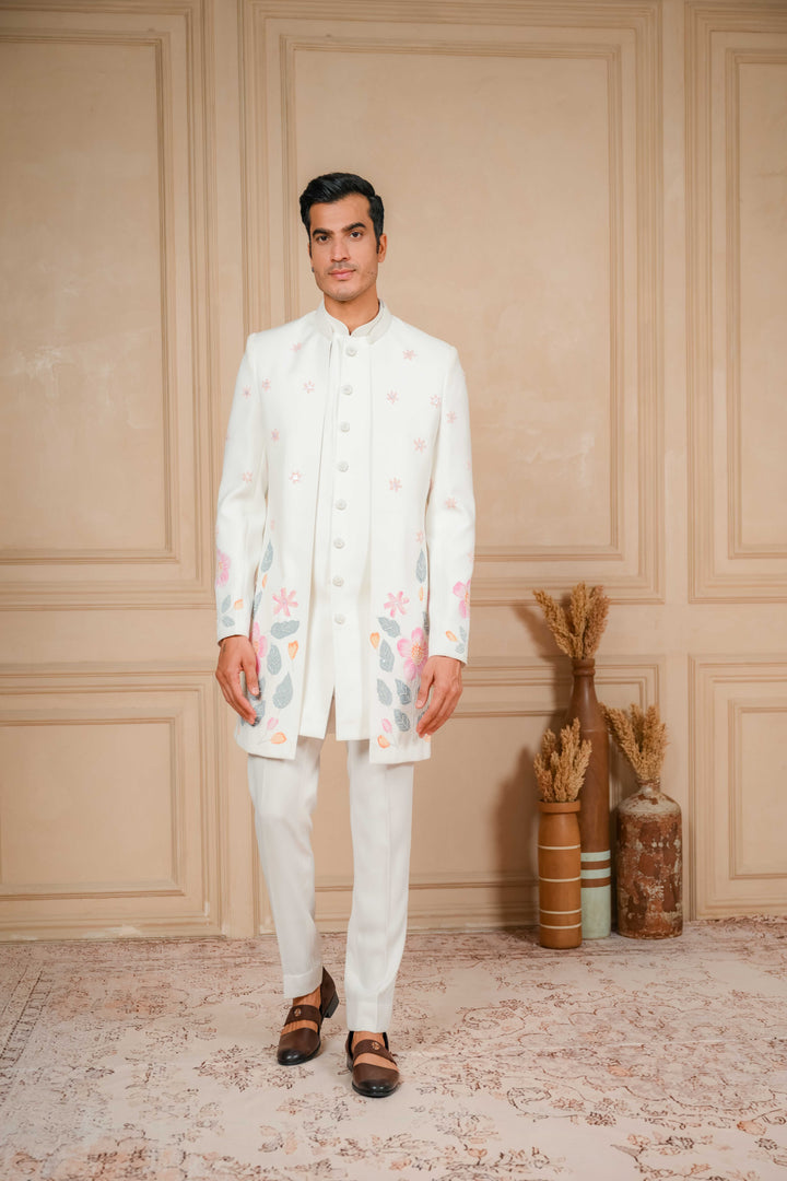 pearl white Indo-western with hand pand and hand embroidery