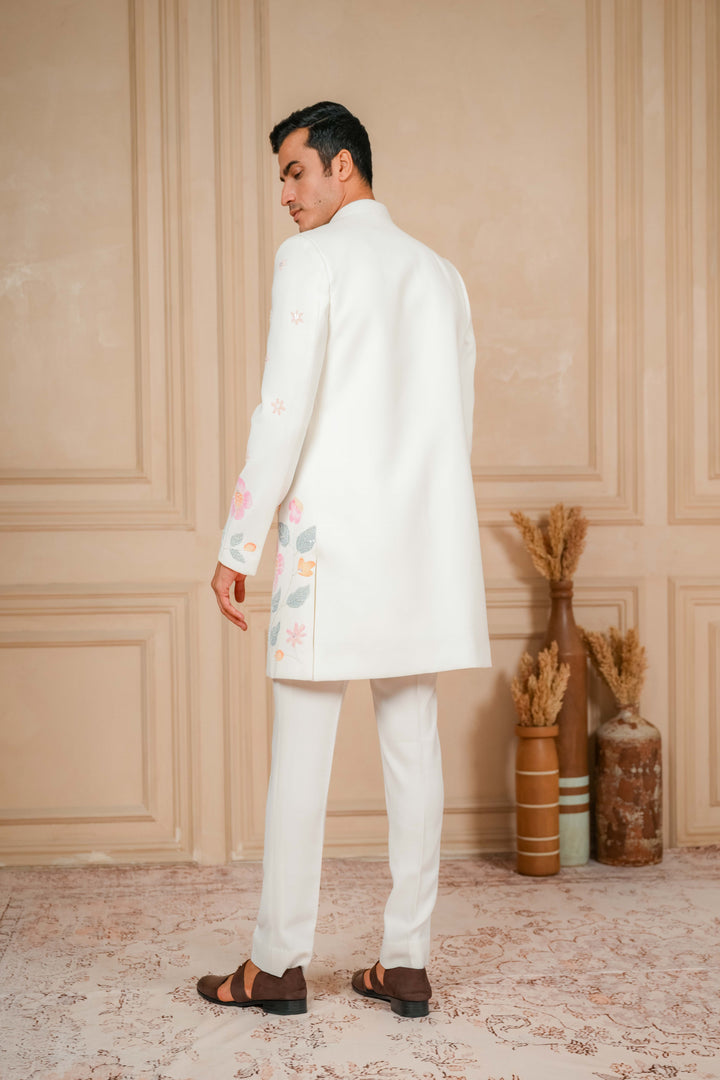 pearl white Indo-western with hand pand and hand embroidery