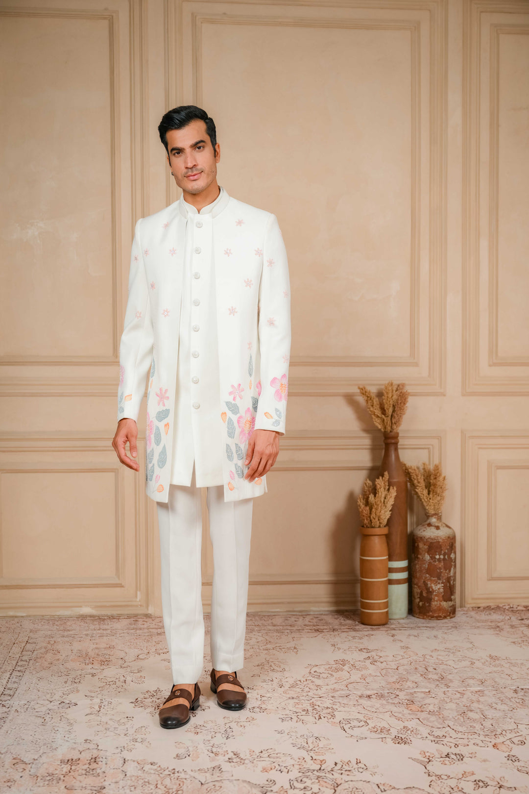 pearl white Indo-western with hand pand and hand embroidery