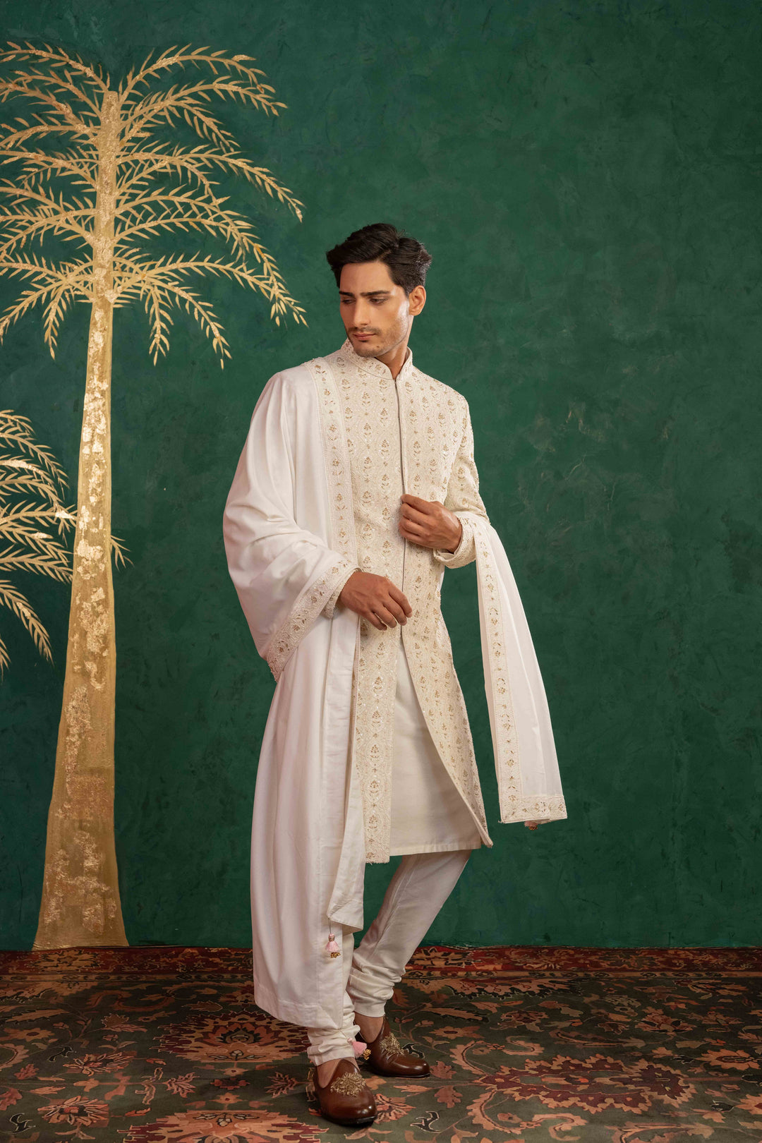 pearl white Sherwani with Reshamkari, Zardosi, Dabka, and Moti Embroidery – Image 10