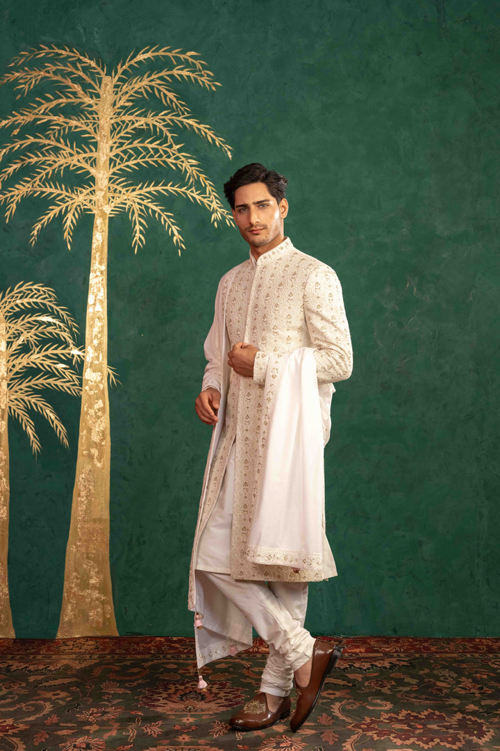 pearl white Sherwani with Reshamkari, Zardosi, Dabka, and Moti Embroidery