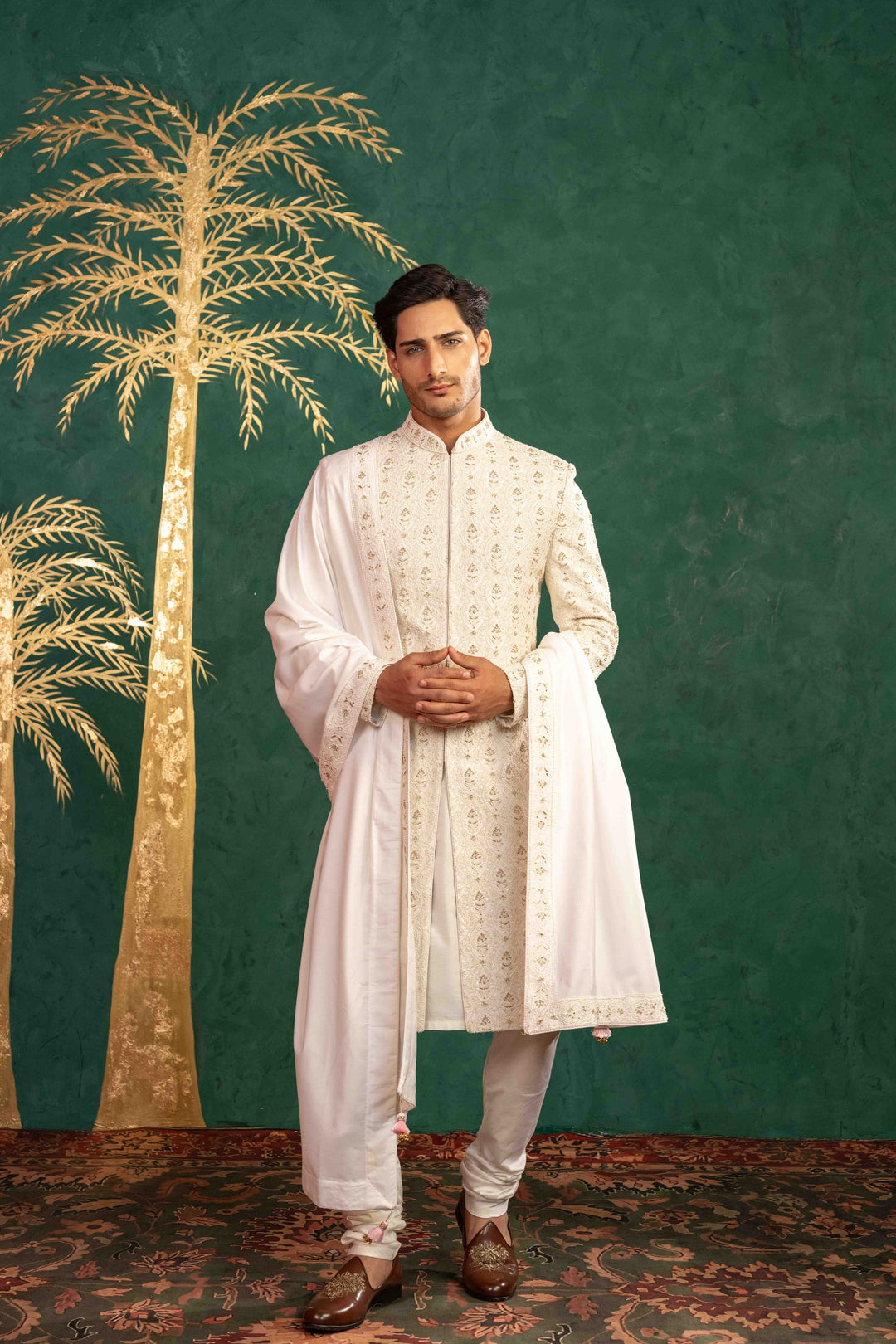 pearl white Sherwani with Reshamkari, Zardosi, Dabka, and Moti Embroidery – Image 8