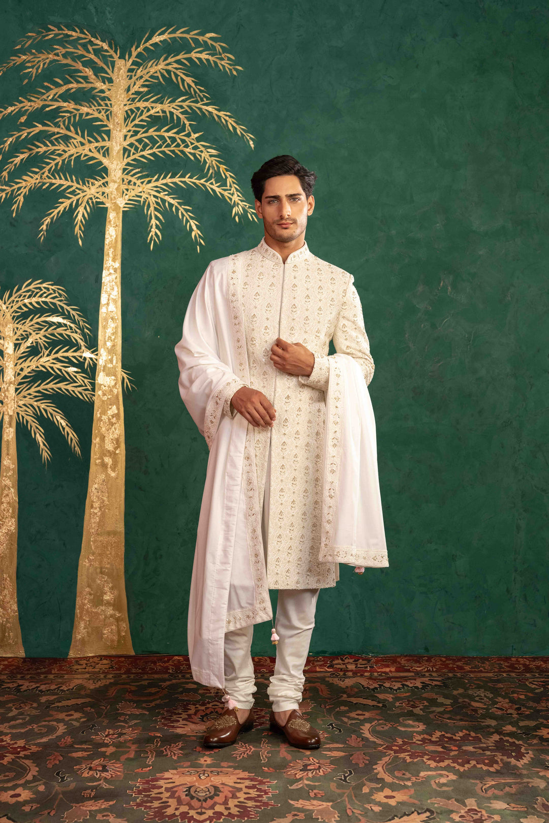 pearl white Sherwani with Reshamkari, Zardosi, Dabka, and Moti Embroidery – Image 7