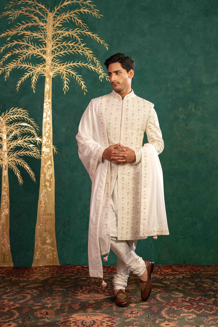 pearl white Sherwani with Reshamkari, Zardosi, Dabka, and Moti Embroidery