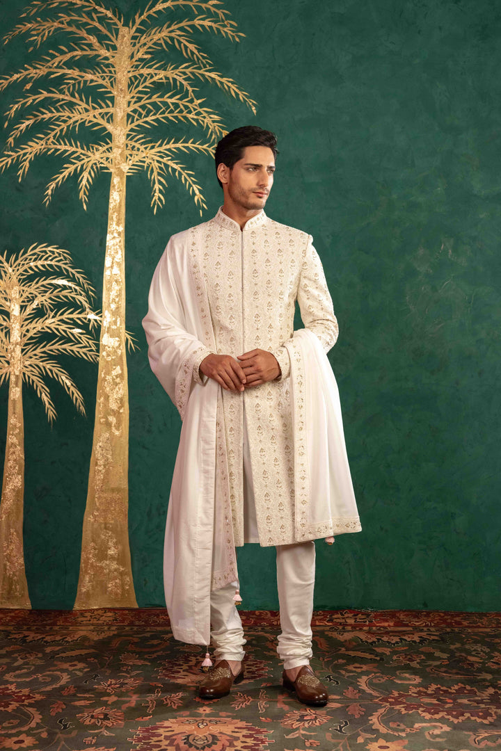 pearl white Sherwani with Reshamkari, Zardosi, Dabka, and Moti Embroidery