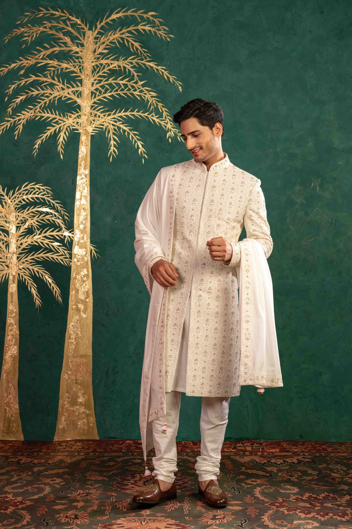 pearl white Sherwani with Reshamkari, Zardosi, Dabka, and Moti Embroidery