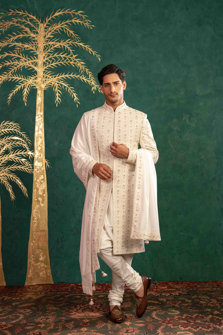 pearl white Sherwani with Reshamkari, Zardosi, Dabka, and Moti Embroidery