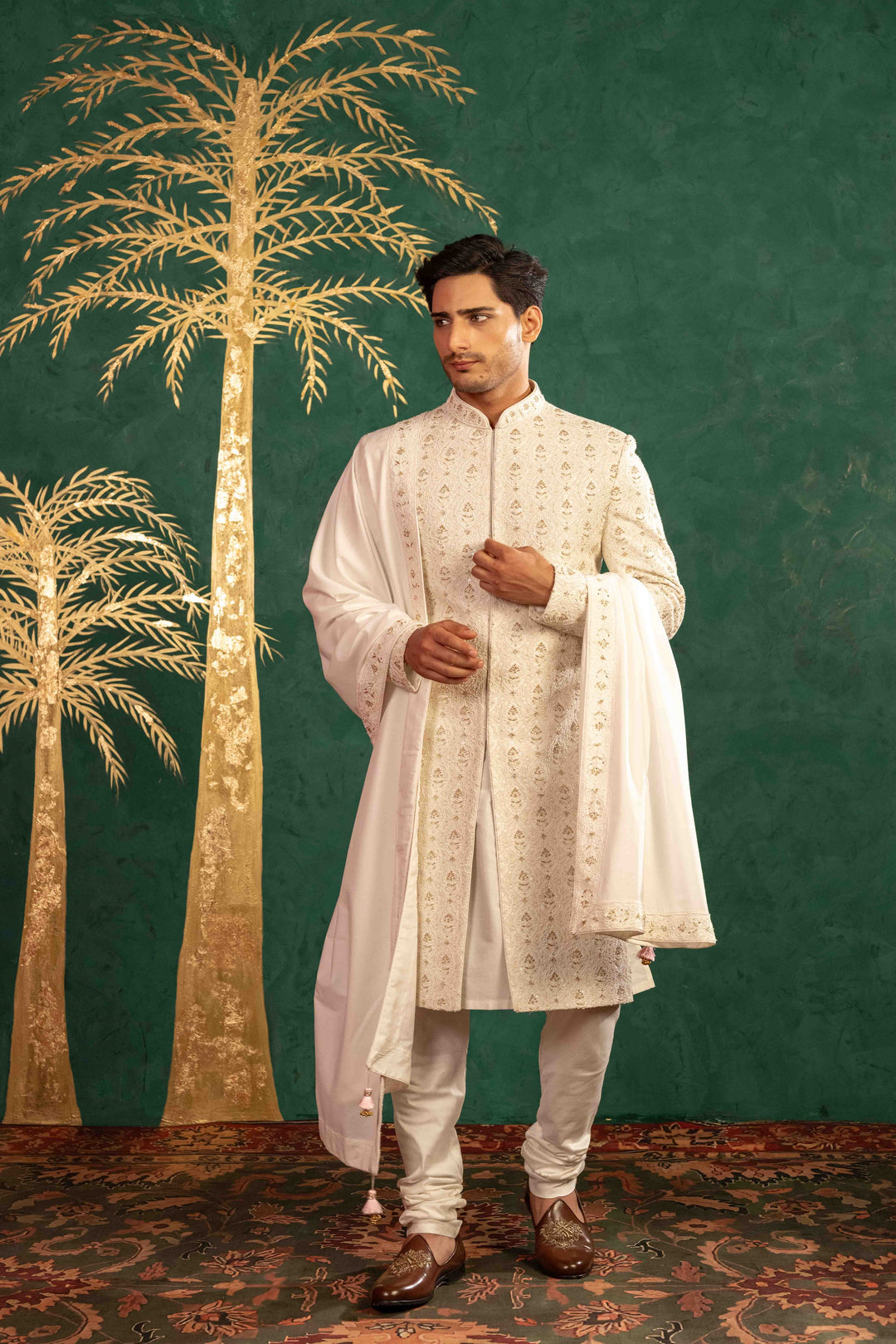 pearl white Sherwani with Reshamkari, Zardosi, Dabka, and Moti Embroidery – Image 2