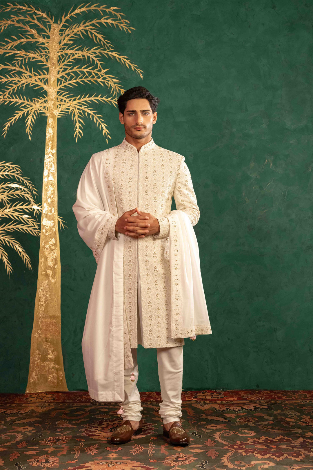 pearl white Sherwani with Reshamkari, Zardosi, Dabka, and Moti Embroidery