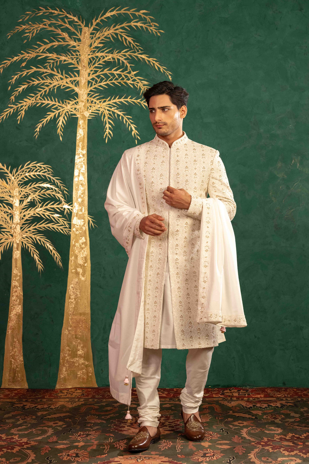 pearl white Sherwani with Reshamkari, Zardosi, Dabka, and Moti Embroidery