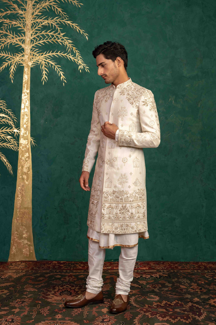 pearl white raw silk sherwani