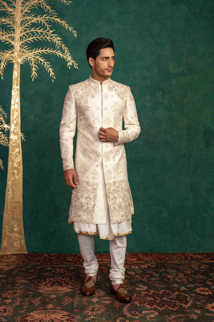 pearl white raw silk sherwani
