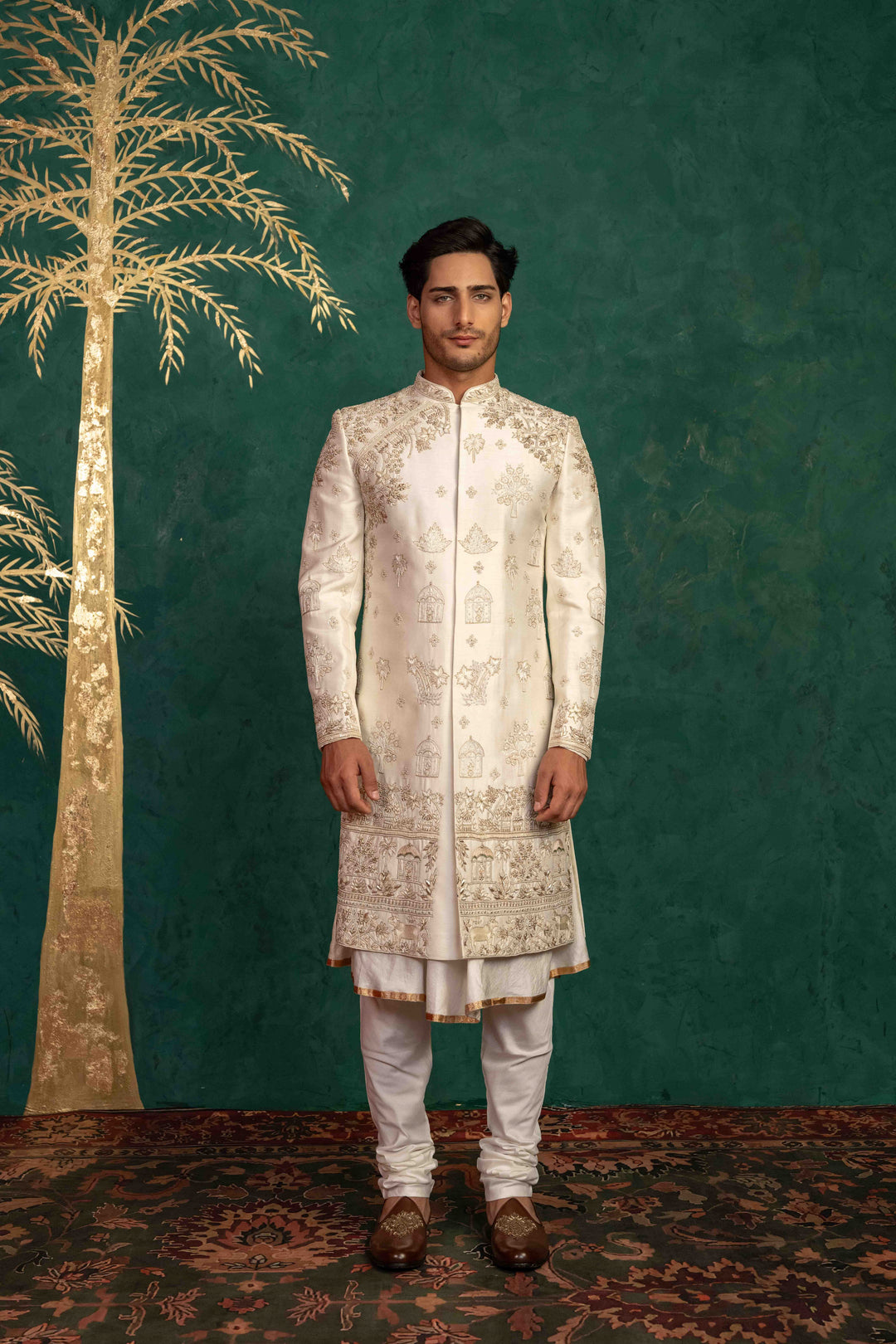 pearl white raw silk sherwani – Image 3