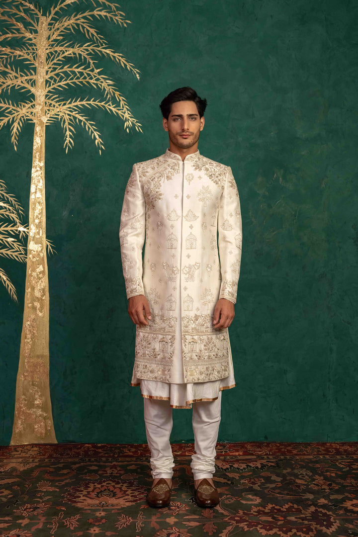 pearl white raw silk sherwani