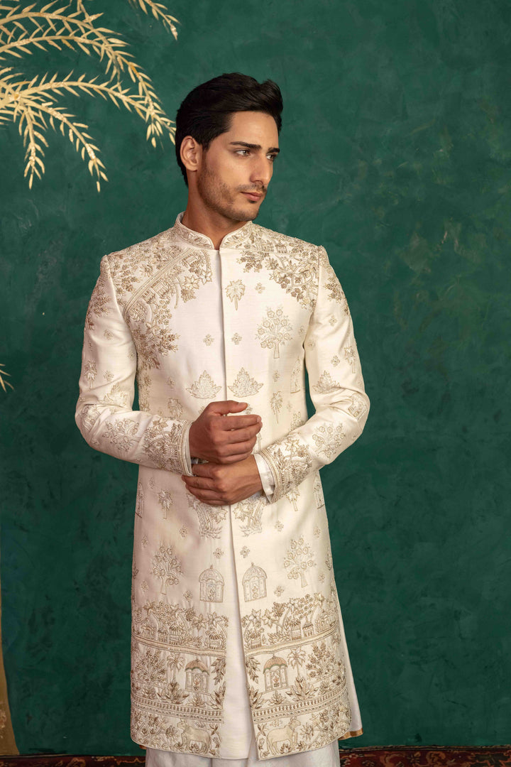 pearl white raw silk sherwani
