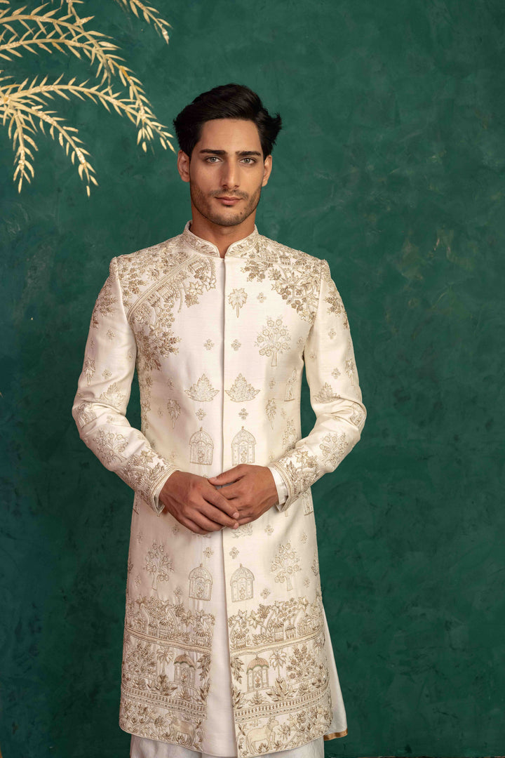 pearl white raw silk sherwani