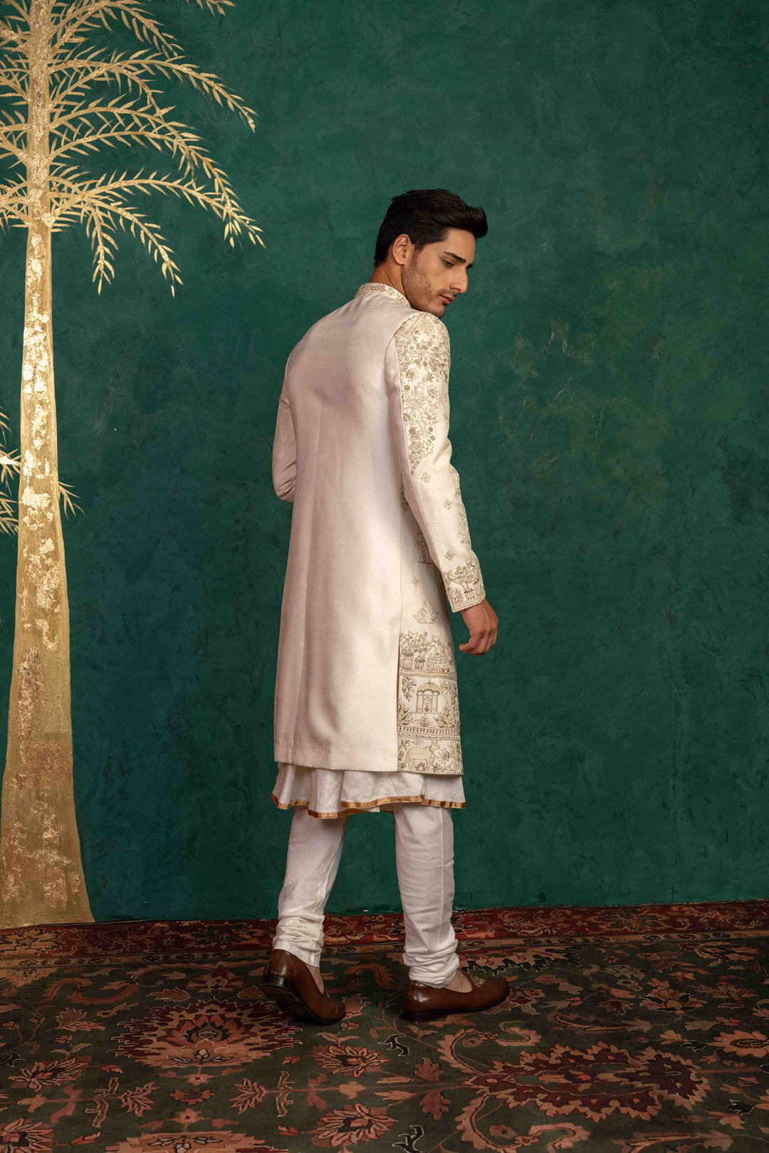 pearl white raw silk sherwani – Image 2