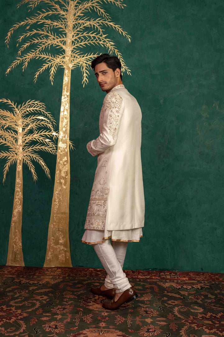 pearl white raw silk sherwani