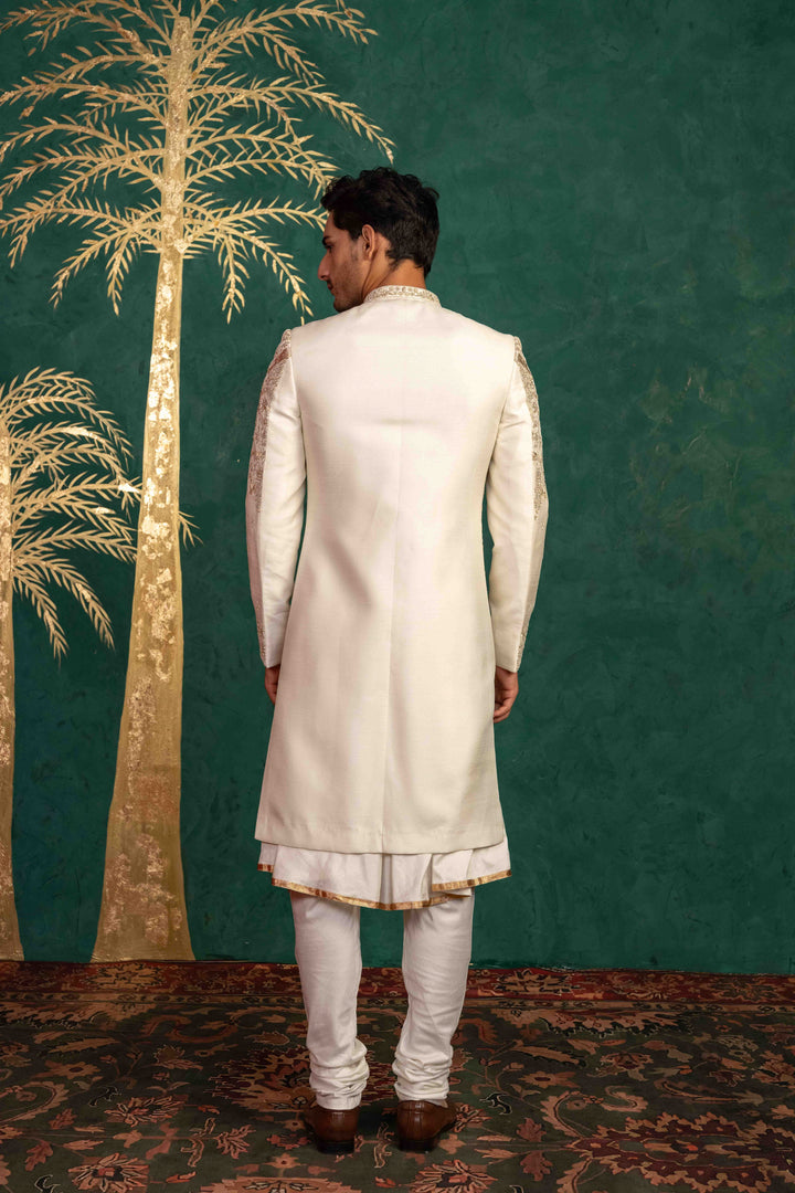 pearl white raw silk sherwani