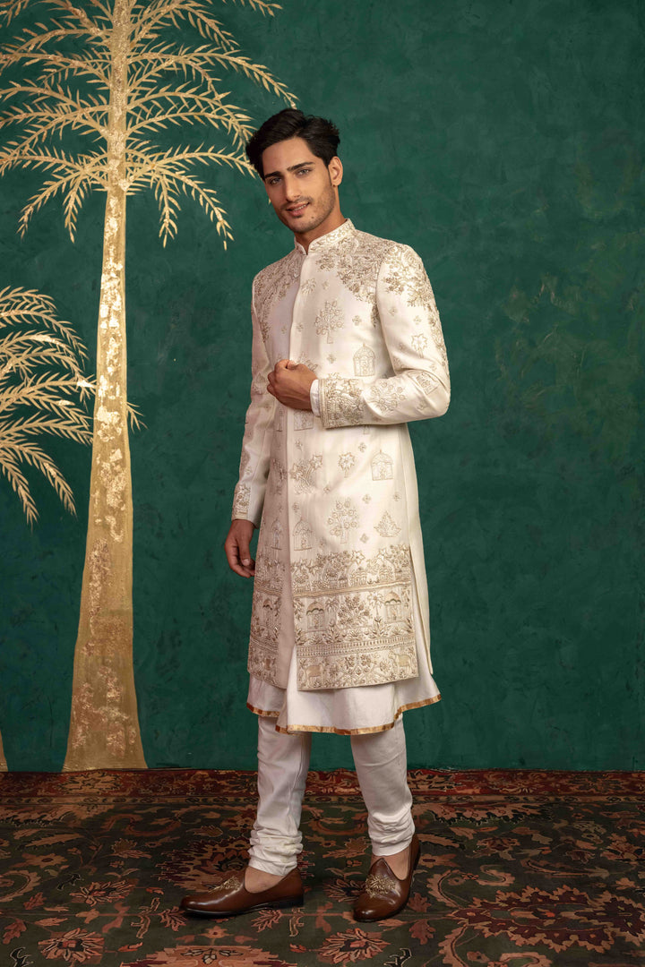 pearl white raw silk sherwani