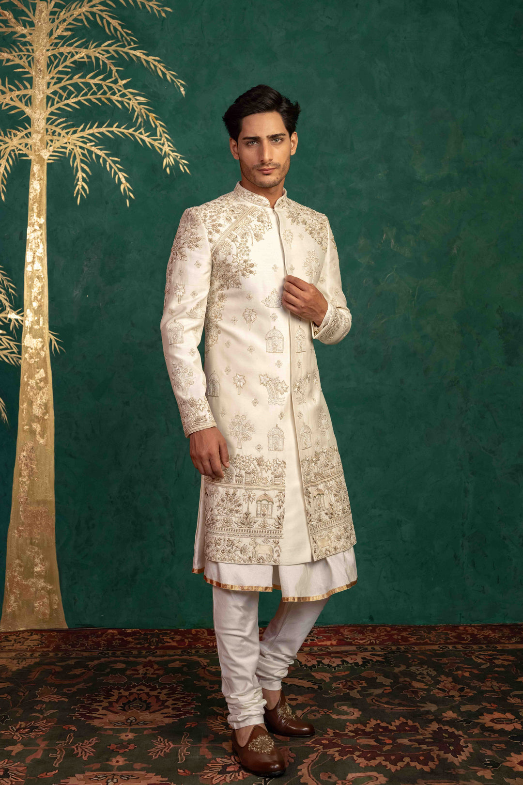 pearl white raw silk sherwani
