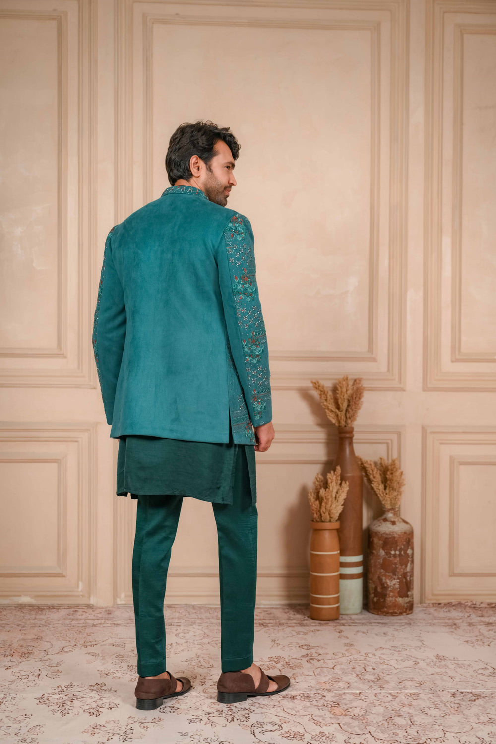 sea green hand embroidered jodhpuri kurta set