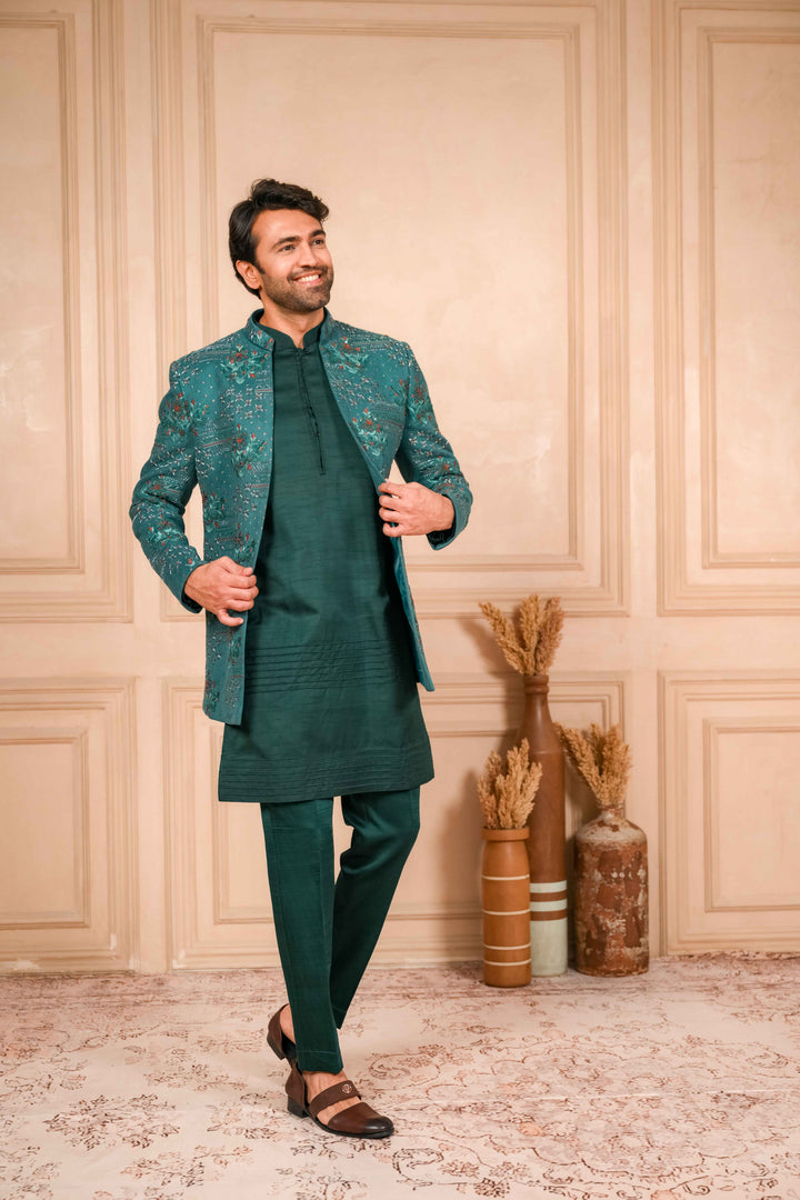 sea green hand embroidered jodhpuri kurta set