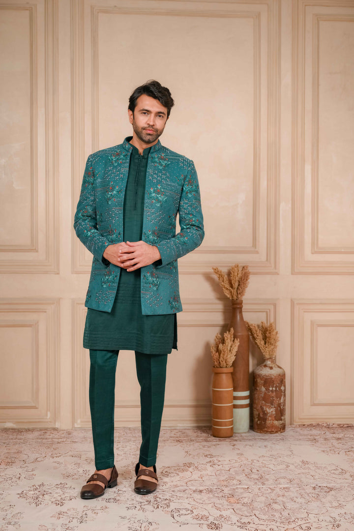 sea green hand embroidered jodhpuri kurta set