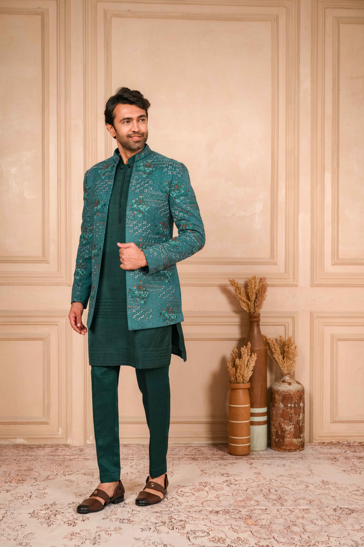 sea green hand embroidered jodhpuri kurta set