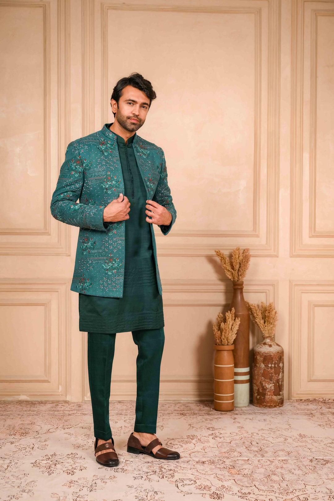 sea green hand embroidered jodhpuri kurta set