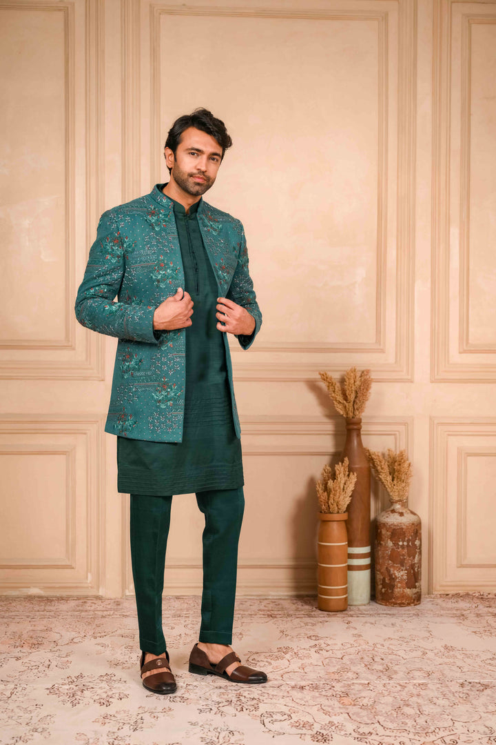 sea green hand embroidered jodhpuri kurta set