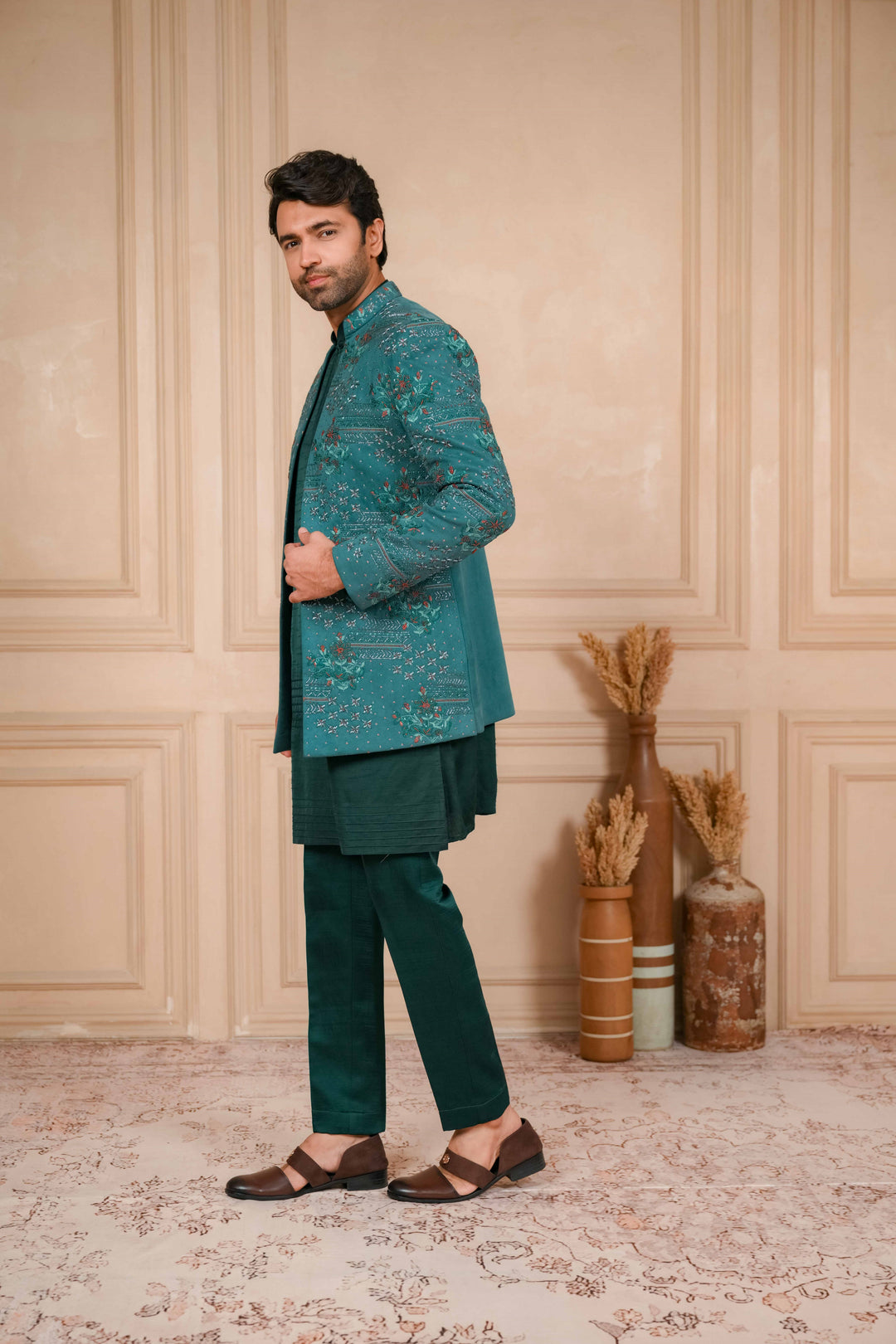 sea green hand embroidered jodhpuri kurta set – Image 9